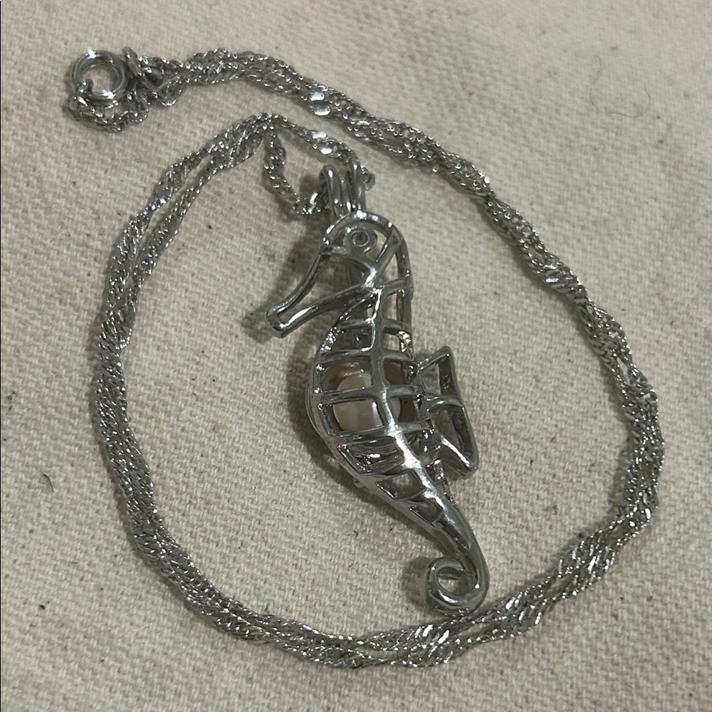 17” Silver Seahorse Pendant Necklace with REAL pearl inside